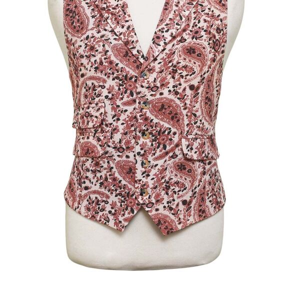 Mens Paisley Vest 44R Red Beige Waistcoat XL Formal Wedding Prom Party Groom - Picture 5 of 9